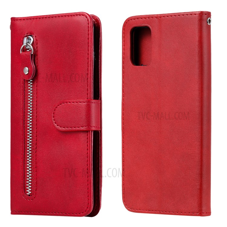 Bolso Com Zíper PU Carteira De Couro Da Tampa Do Telefone Caso Suporte Para Samsung Galaxy A31 - Vermelho-1