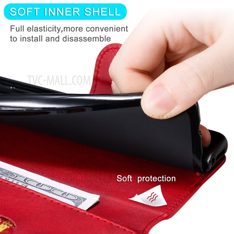 Bolso Com Zíper PU Carteira De Couro Da Tampa Do Telefone Caso Suporte Para Samsung Galaxy A31 - Vermelho-10