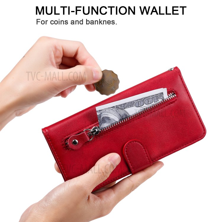 Bolso Com Zíper PU Carteira De Couro Da Tampa Do Telefone Caso Suporte Para Samsung Galaxy A31 - Vermelho-11