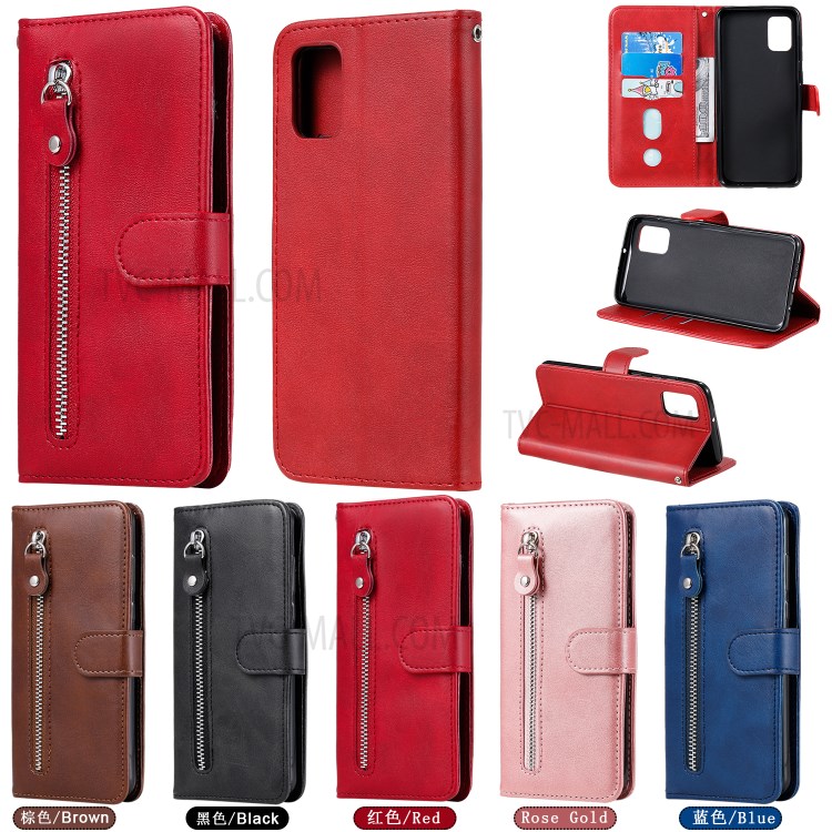 Bolso Com Zíper PU Carteira De Couro Da Tampa Do Telefone Caso Suporte Para Samsung Galaxy A31 - Vermelho-16