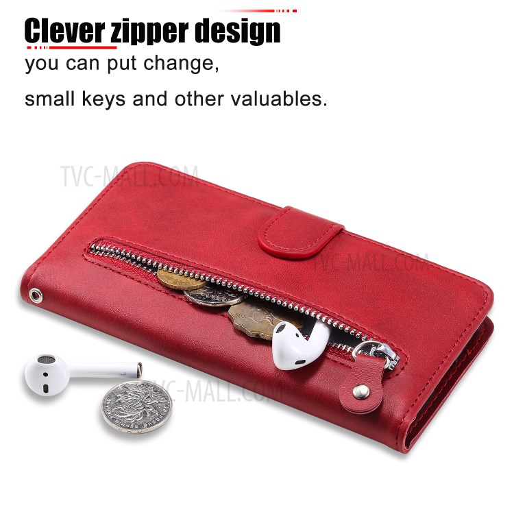 Bolso Com Zíper PU Carteira De Couro Da Tampa Do Telefone Caso Suporte Para Samsung Galaxy A31 - Vermelho-5
