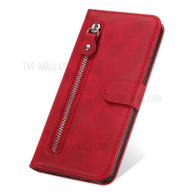 Bolso Com Zíper PU Carteira De Couro Da Tampa Do Telefone Caso Suporte Para Samsung Galaxy A31 - Vermelho-8