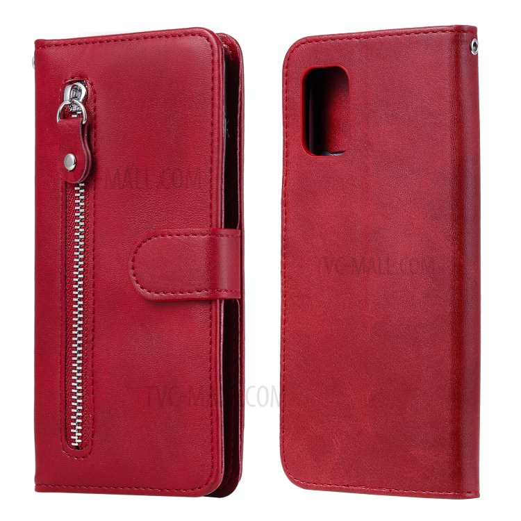 Zipper Pocket PU Leather Wallet Case Stand Phone Cover for Samsung Galaxy A71 5G SM-A716 - Red-1