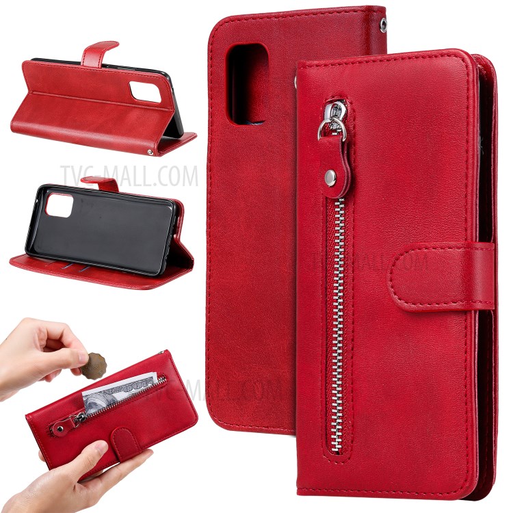 Zipper Pocket PU Leather Wallet Case Stand Phone Cover for Samsung Galaxy A71 5G SM-A716 - Red-15