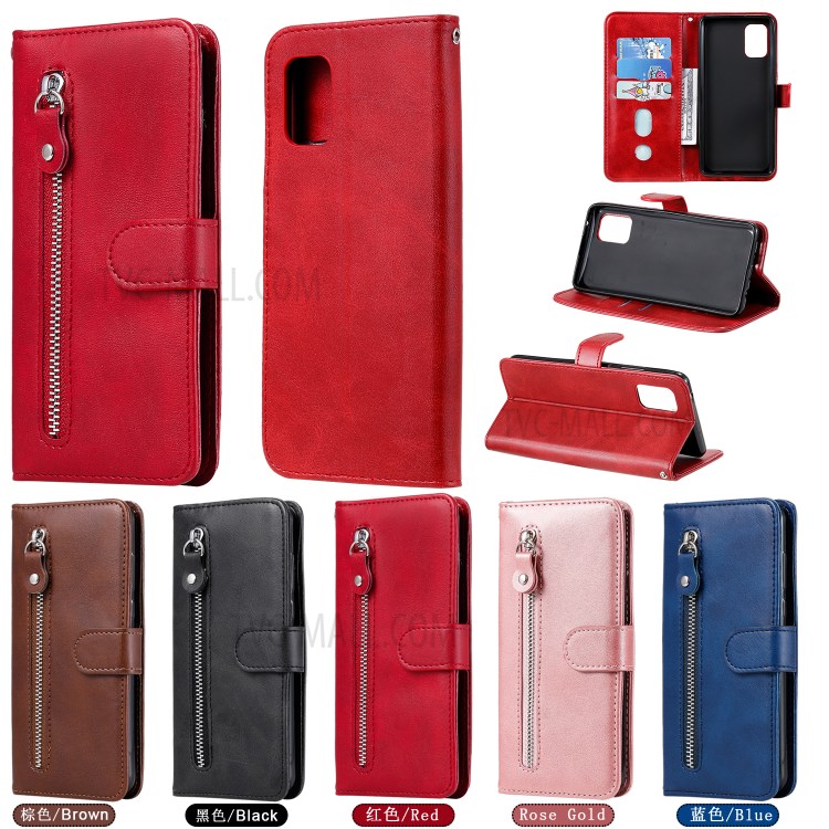 Zipper Pocket PU Leather Wallet Case Stand Phone Cover for Samsung Galaxy A71 5G SM-A716 - Red-16