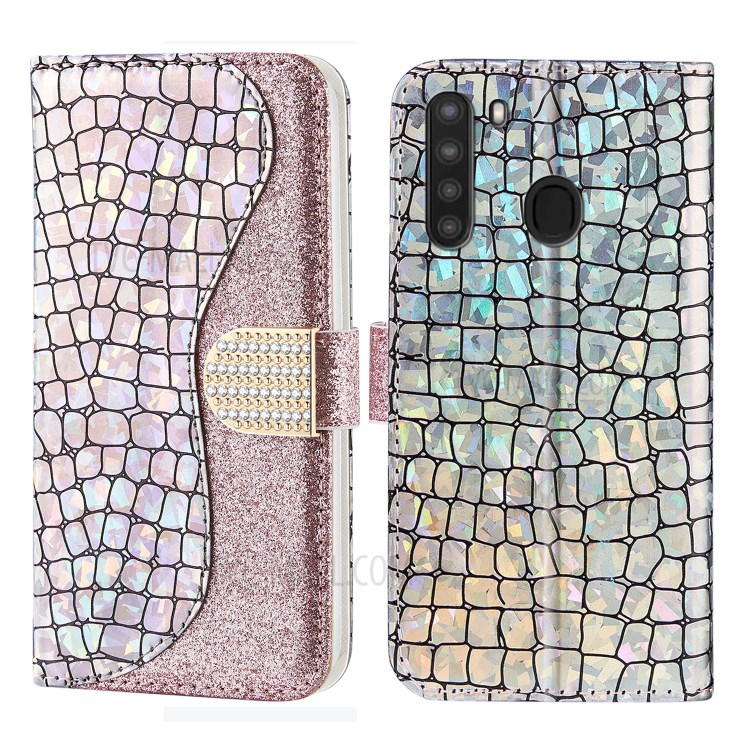 Crocodile Skin Glittery Powder Leather Wallet Stand Case for Samsung Galaxy A21 - Rose Gold-1