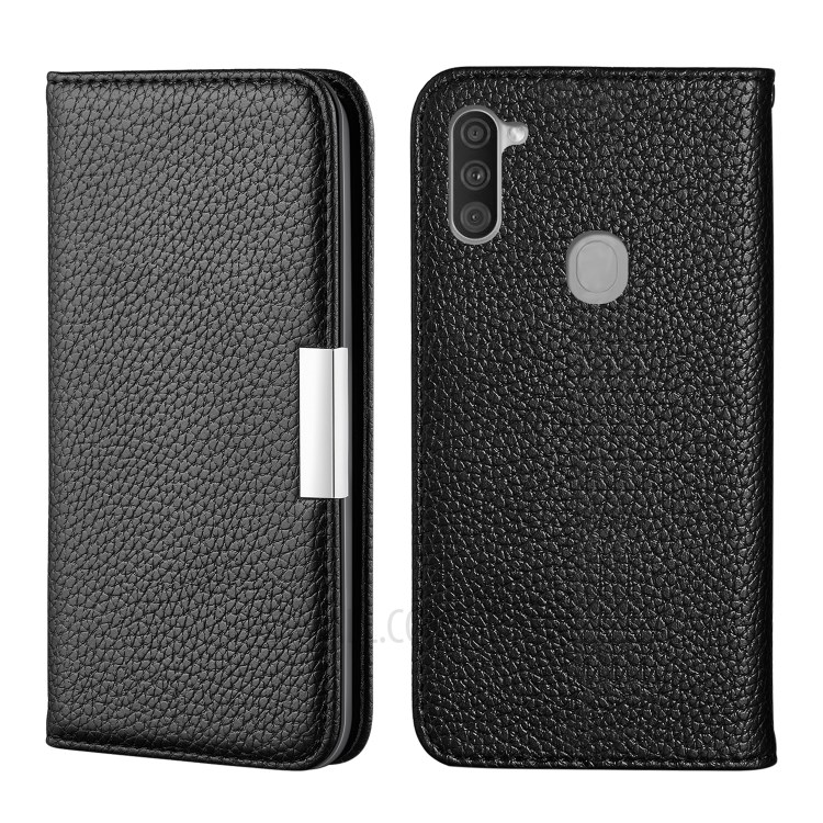 Litchi Skin Leather Stand Cover with Card Slots for Samsung Galaxy A11 - Black-1