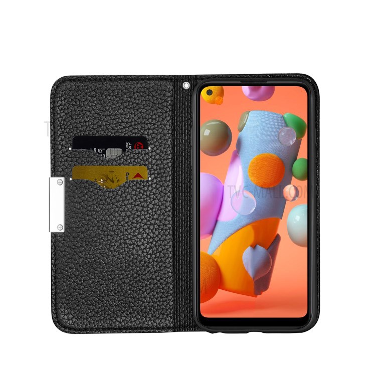 Litchi Skin Leather Stand Cover with Card Slots for Samsung Galaxy A11 - Black-7