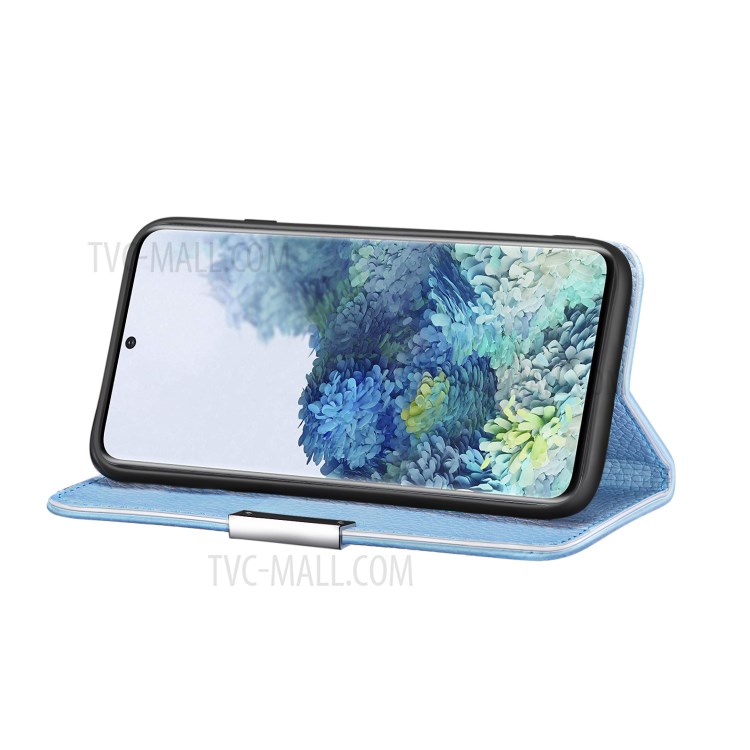 Pele Tampa Do Suporte De Couro Absorvidos-auto Lichia Com Caso De Slots De Cartão Para Samsung Galaxy S20 - Azul-4