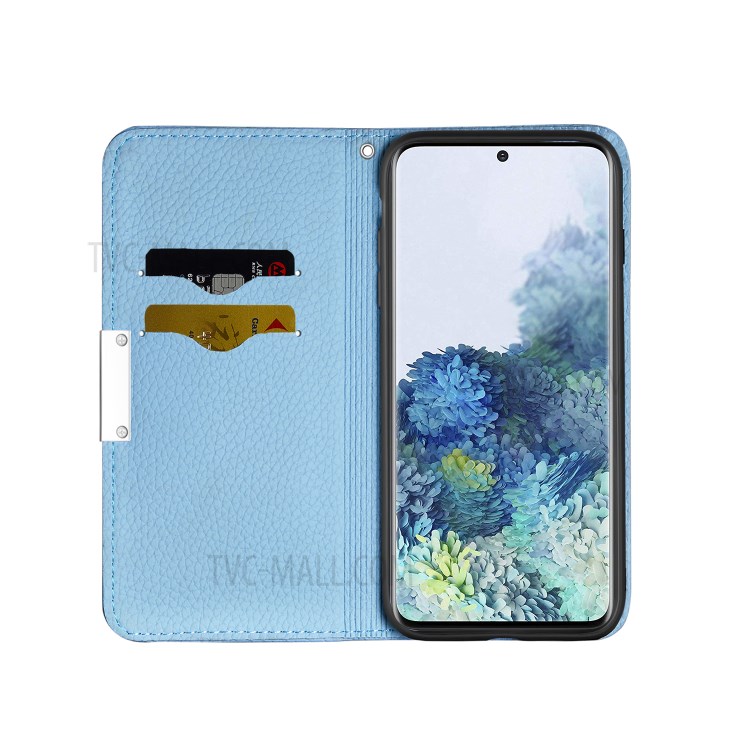 Pele Tampa Do Suporte De Couro Absorvidos-auto Lichia Com Caso De Slots De Cartão Para Samsung Galaxy S20 - Azul-6