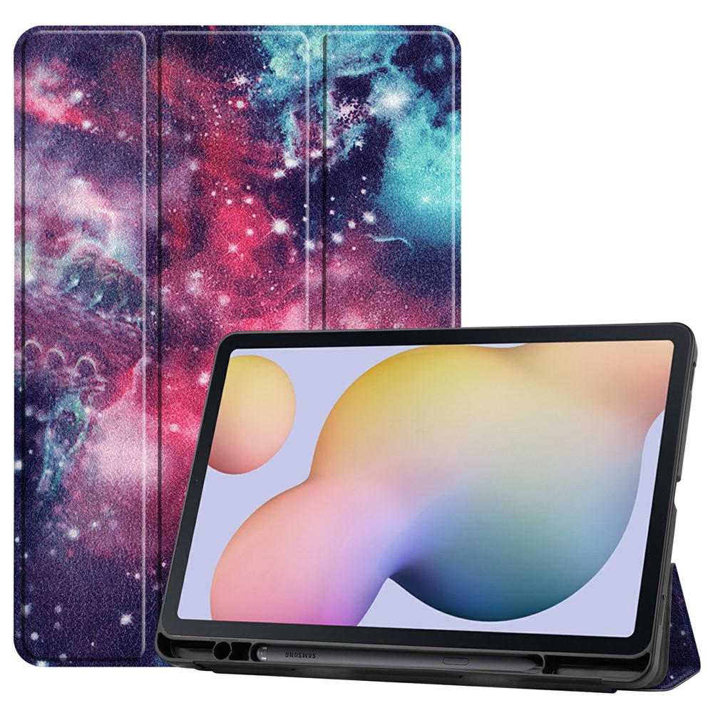 Musterdruckdrucken Tri-fold Stand Leder Hülle Mit Stiftschlitz Für Samsung Galaxy Tab S7 T870 / S8 - Galaxienmuster