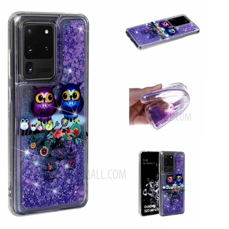 Pattern Printing Glitter Powder Quicksand TPU Phone Case for Samsung Galaxy S20 Ultra - Couple Owls-1