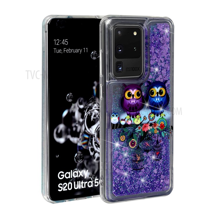 Pattern Printing Glitter Powder Quicksand TPU Phone Case for Samsung Galaxy S20 Ultra - Couple Owls-2