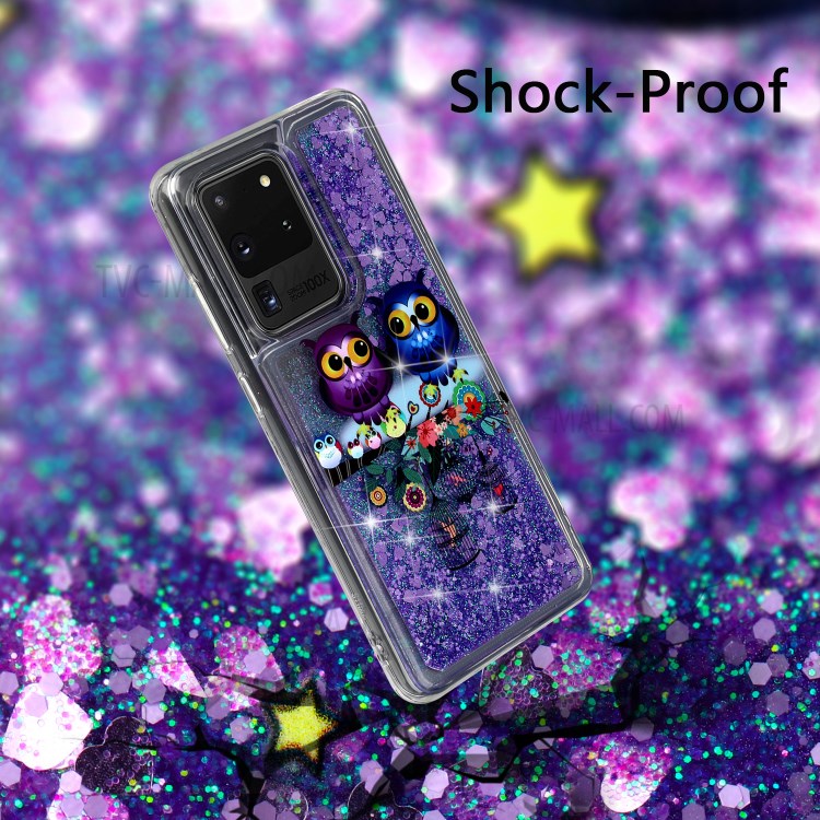 Pattern Printing Glitter Powder Quicksand TPU Phone Case for Samsung Galaxy S20 Ultra - Couple Owls-6