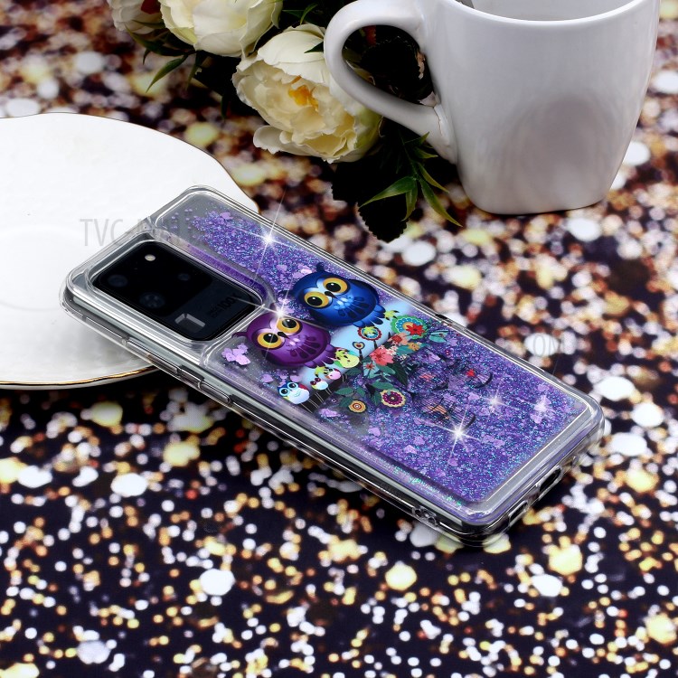 Pattern Printing Glitter Powder Quicksand TPU Phone Case for Samsung Galaxy S20 Ultra - Couple Owls-7