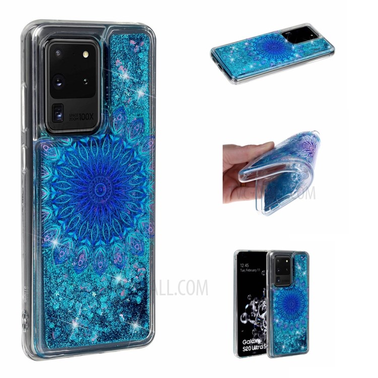 Pattern Printing Glitter Powder Quicksand TPU Phone Case for Samsung Galaxy S20 Ultra - Blue Malanda Flower-1