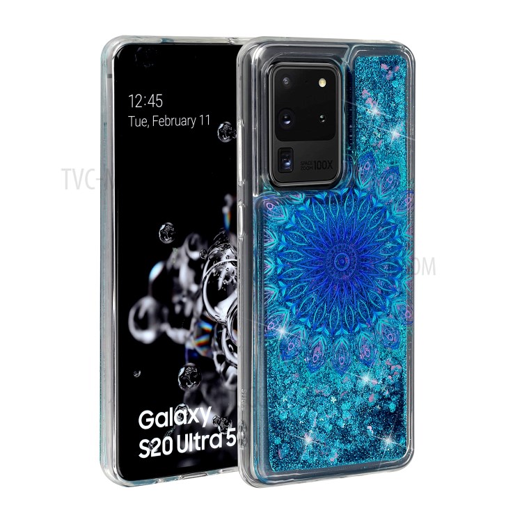 Pattern Printing Glitter Powder Quicksand TPU Phone Case for Samsung Galaxy S20 Ultra - Blue Malanda Flower-2