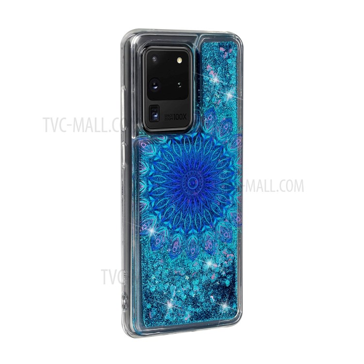 Pattern Printing Glitter Powder Quicksand TPU Phone Case for Samsung Galaxy S20 Ultra - Blue Malanda Flower-3