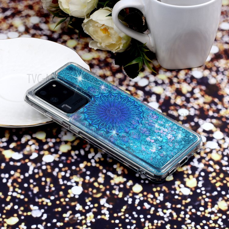 Pattern Printing Glitter Powder Quicksand TPU Phone Case for Samsung Galaxy S20 Ultra - Blue Malanda Flower-7