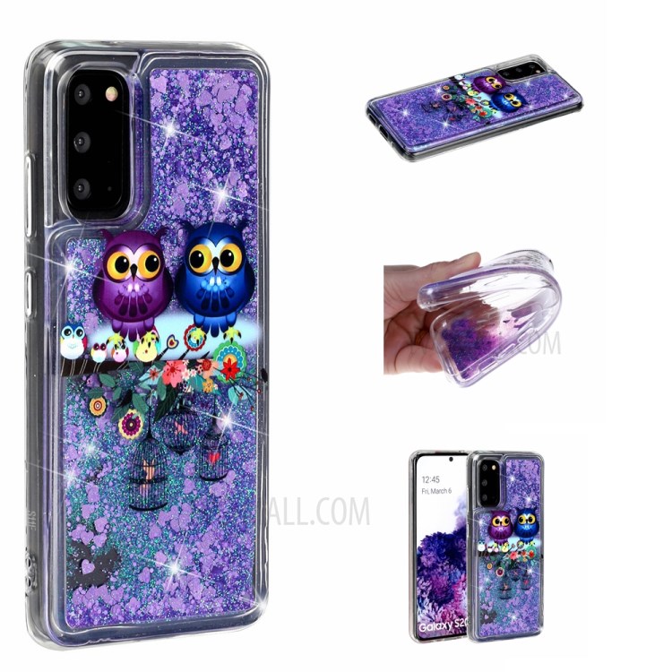 Pattern Printing Glitter Powder Quicksand Cover TPU Case for Samsung Galaxy S20 - Couple Owls-1