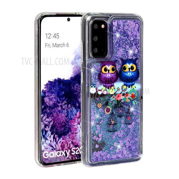 Pattern Printing Glitter Powder Quicksand Cover TPU Case for Samsung Galaxy S20 - Couple Owls-2