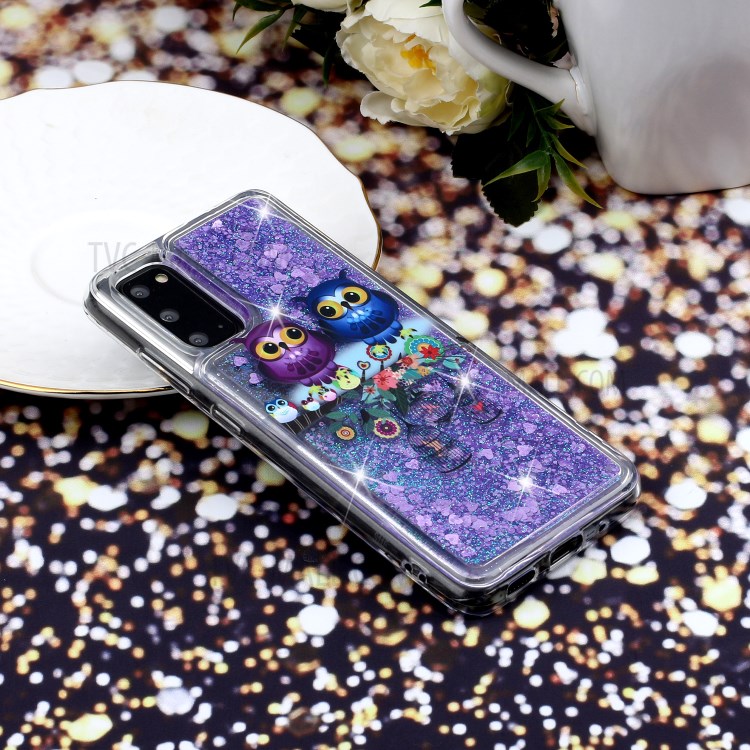 Pattern Printing Glitter Powder Quicksand Cover TPU Case for Samsung Galaxy S20 - Couple Owls-7