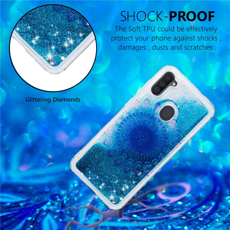 Impressão de Padrões Glitter Powder Powrendsand TPU Back Case Para Samsung Galaxy A11 (versão da Ue) - Mandala Azul