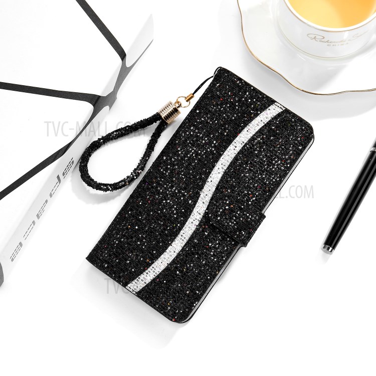 Glittery Powder Splicing Wallet Stand Leather Case for Samsung Galaxy A20e - Black-11