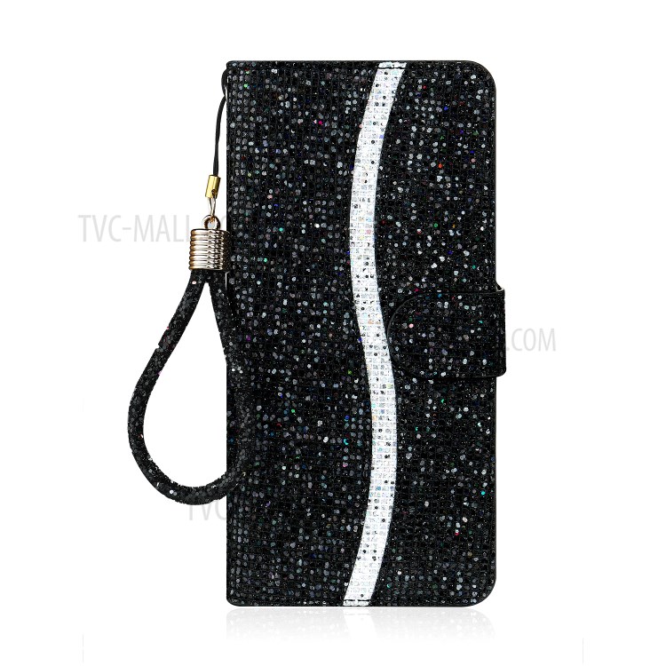 Glittery Powder Splicing Wallet Stand Leather Case for Samsung Galaxy A20e - Black-2