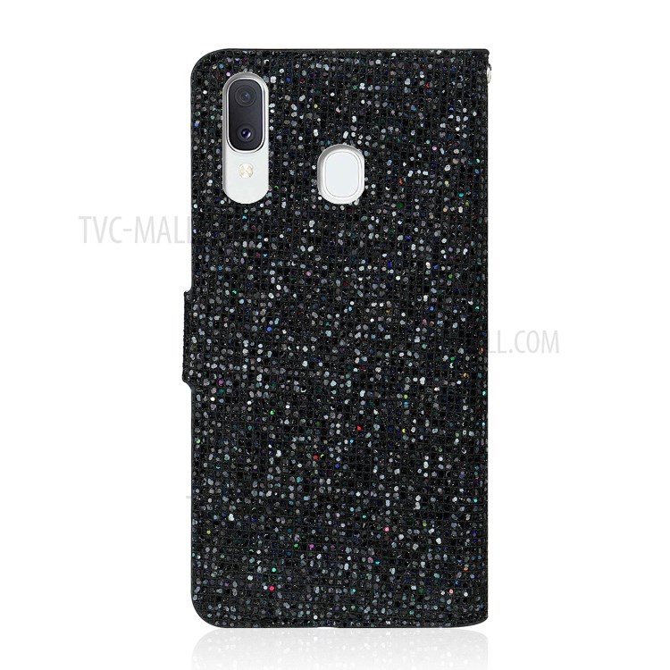 Glittery Powder Splicing Wallet Stand Leather Case for Samsung Galaxy A20e - Black-3