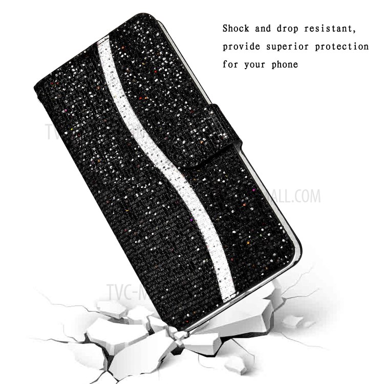 Glittery Powder Splicing Wallet Stand Leather Case for Samsung Galaxy A20e - Black-8