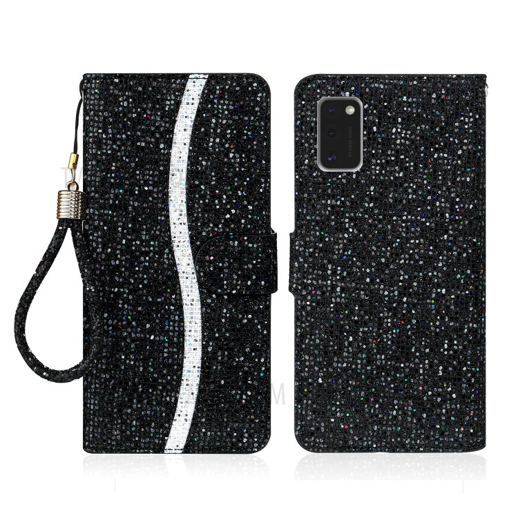 Glittery Powder Splicing Wallet Stand Leather Case for Samsung Galaxy A41 (Global Version) - Black-1