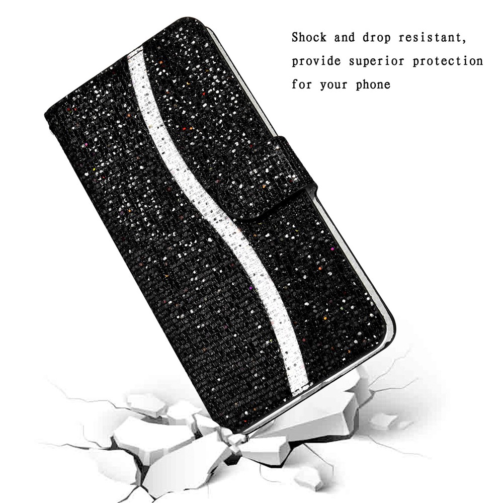 Glitzernde Pulverspleißbrieftasche Ständer Leder Einzigartige Hülle Für Samsung Galaxy A51 SM-A515 - Schwarz-8