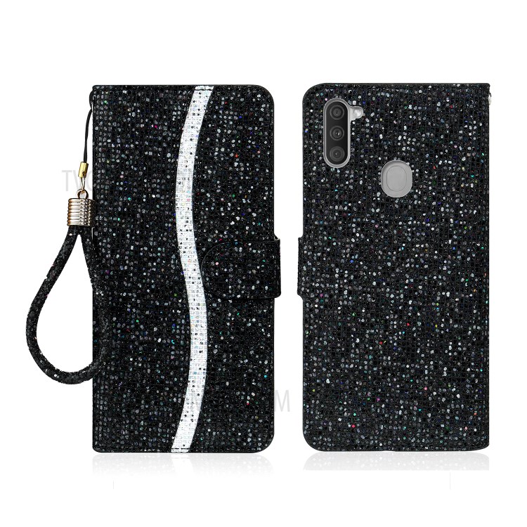 Glittery Powder Splicing Wallet Leather Case with Stand for Samsung Galaxy A11 - Black-1