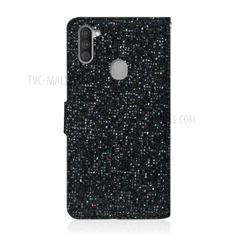 Glittery Powder Splicing Wallet Leather Case with Stand for Samsung Galaxy A11 - Black-3