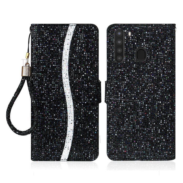 Glittery Powder Splicing Wallet Stand Leather Case Stylish Cover for Samsung Galaxy A21 - Black-1