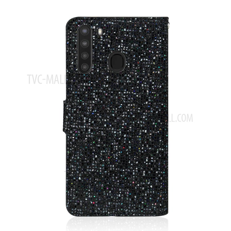 Glittery Powder Splicing Wallet Stand Leather Case Stylish Cover for Samsung Galaxy A21 - Black-3