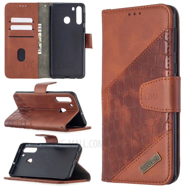 Crocodile Skin Assorted Color Style Leather Wallet Case for Samsung Galaxy A21 - Brown-1