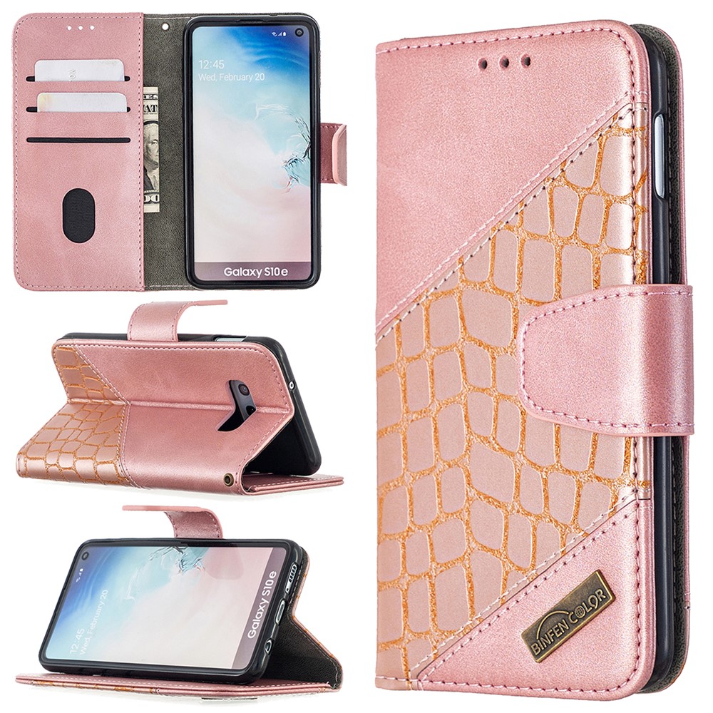 Crocodilo Cor Da Pele Estilo De Bloqueio Estojo De Couro Carteira Para Samsung Galaxy S10e - Rosa Ouro-1