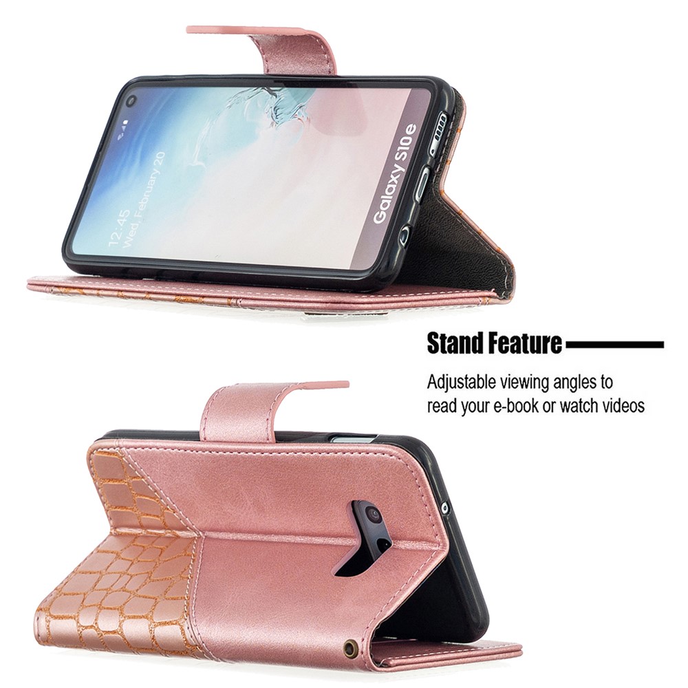 Crocodilo Cor Da Pele Estilo De Bloqueio Estojo De Couro Carteira Para Samsung Galaxy S10e - Rosa Ouro-2