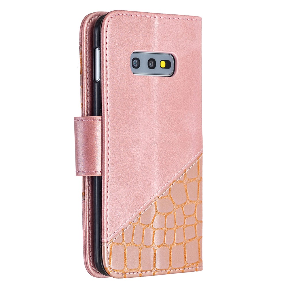 Cocodile Skin Color Bloquing Style Breedet de Cuero Para Samsung Galaxy S10e - Oro Rosa