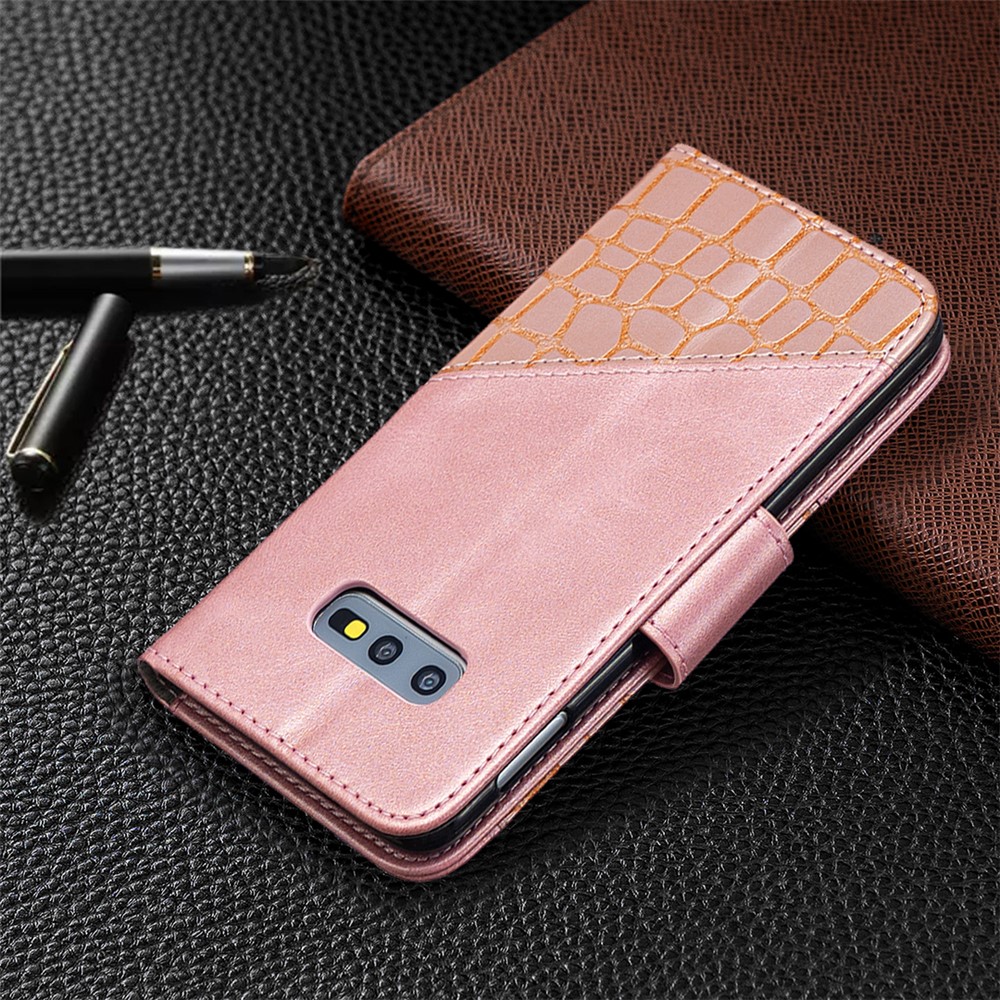 Cocodile Skin Color Bloquing Style Breedet de Cuero Para Samsung Galaxy S10e - Oro Rosa