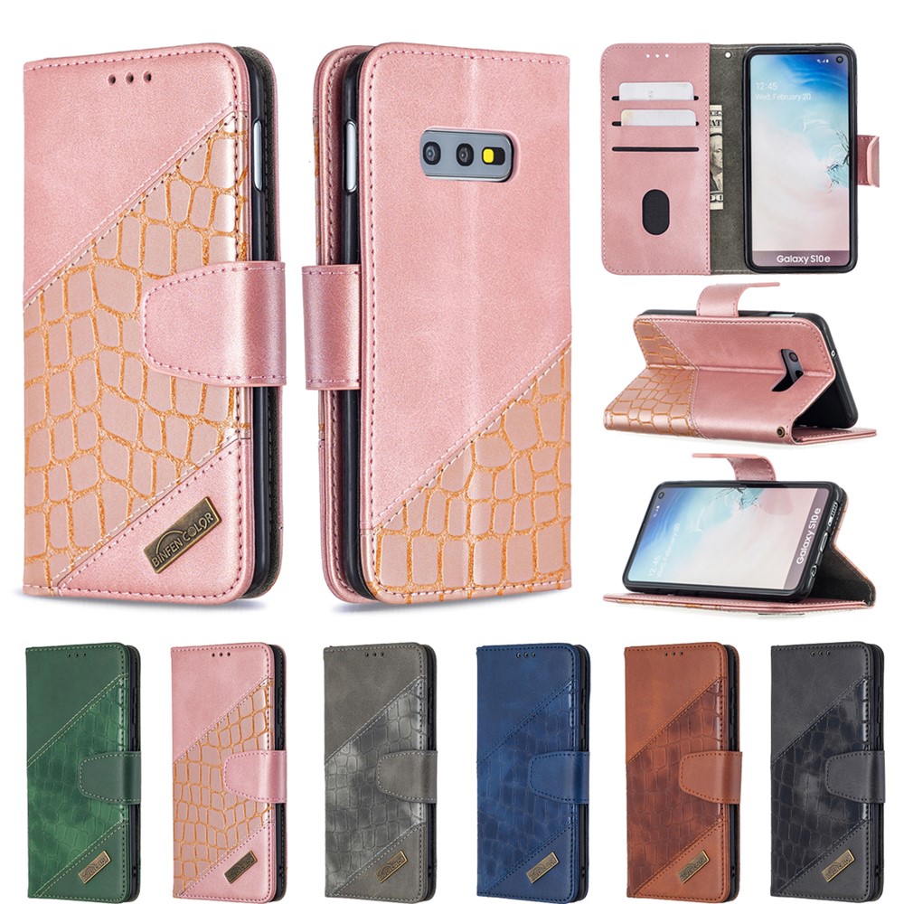 Crocodilo Cor Da Pele Estilo De Bloqueio Estojo De Couro Carteira Para Samsung Galaxy S10e - Rosa Ouro-9