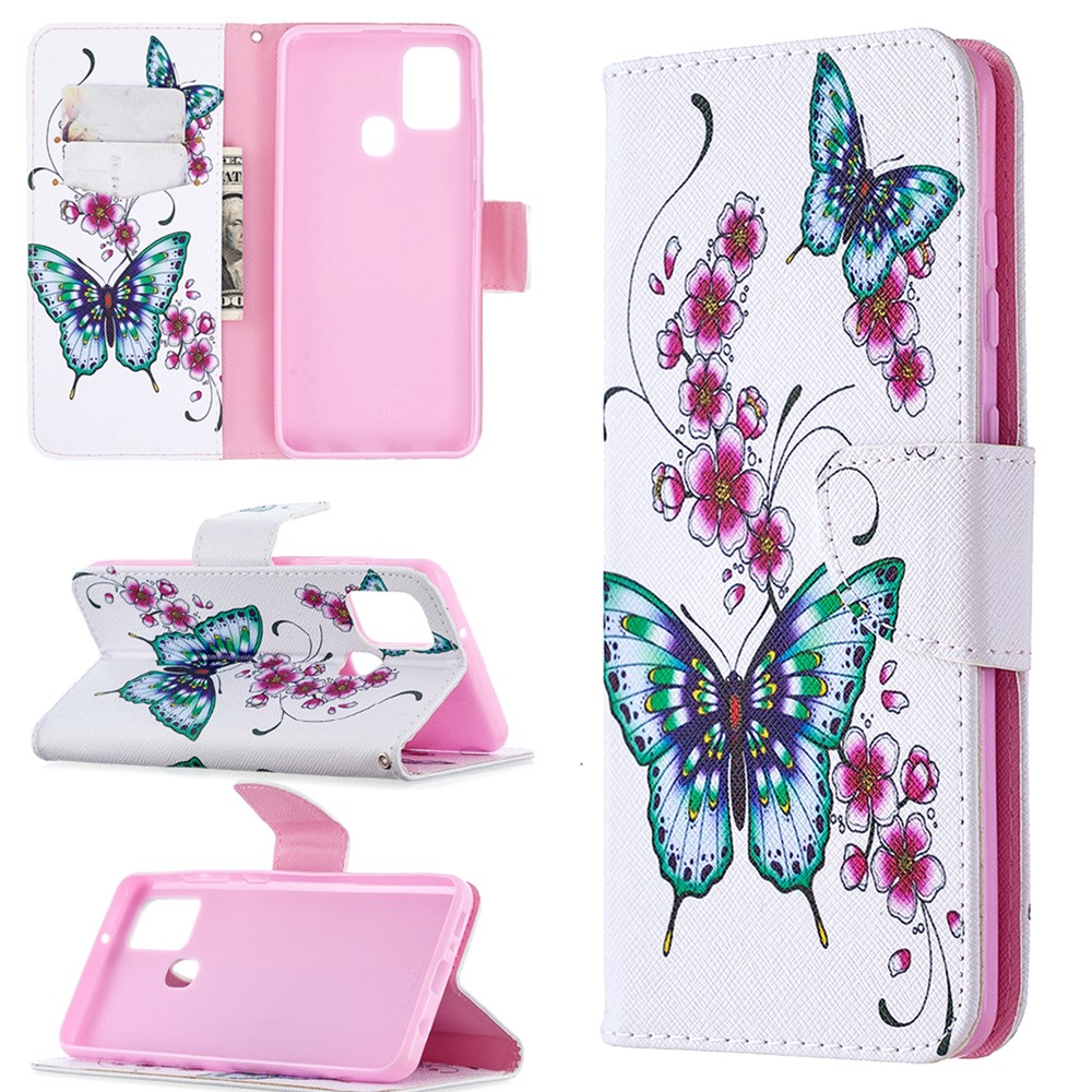 Pattern Printing Magnetic Leather Stand Case for Samsung Galaxy A21s - Butterfly and Flowers-1