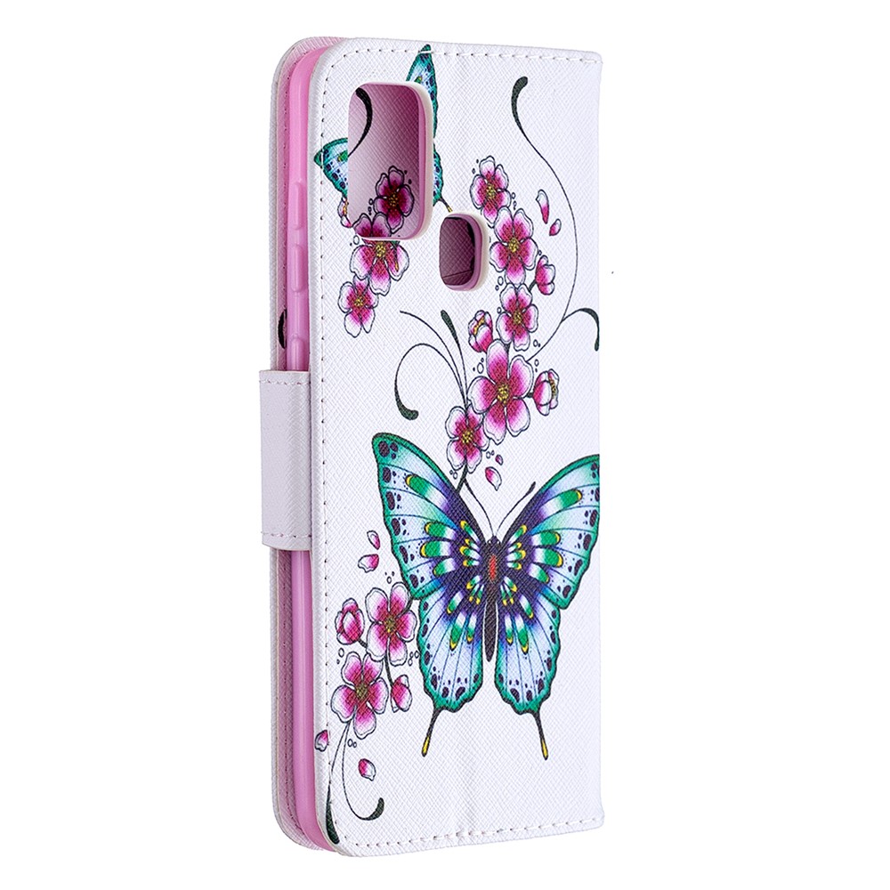 Pattern Printing Magnetic Leather Stand Case for Samsung Galaxy A21s - Butterfly and Flowers-3