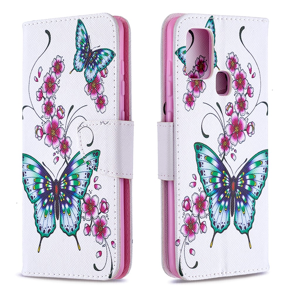 Pattern Printing Magnetic Leather Stand Case for Samsung Galaxy A21s - Butterfly and Flowers-4