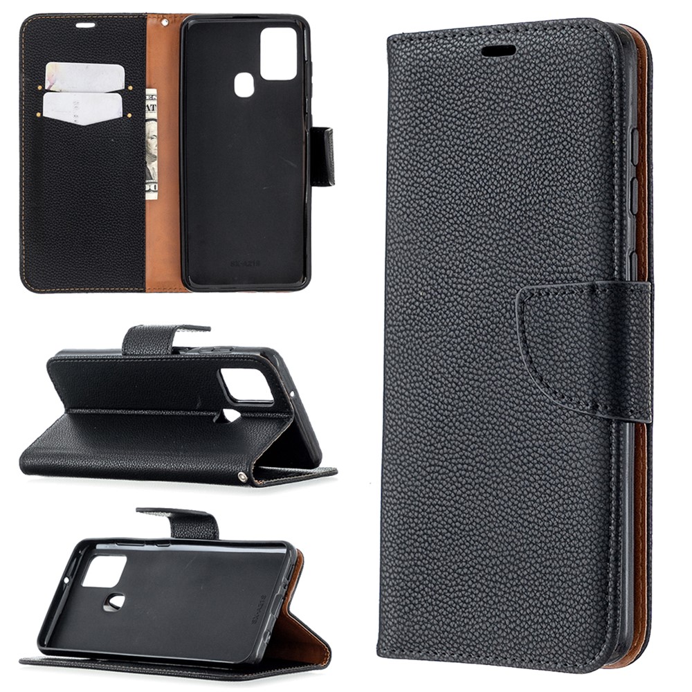 Litchi Skin Wallet Leather Stand Case for Samsung Galaxy A21s - Black-1