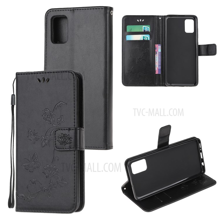 Imprint Butterfly Flowers Leather Wallet Case for Samsung Galaxy M31s - Black-1