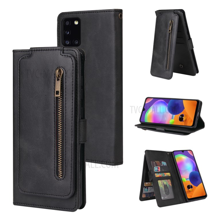 Leather Wallet Zipper Pocket 9 Card SlotsCase Cover for Samsung Galaxy A31 - Black-1