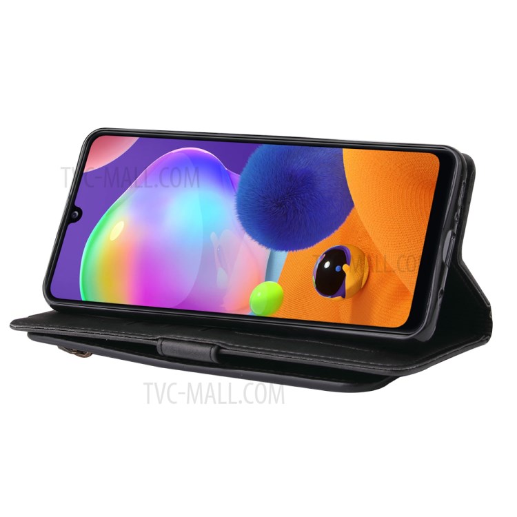 Leather Wallet Zipper Pocket 9 Card SlotsCase Cover for Samsung Galaxy A31 - Black-10